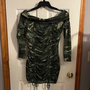 Fashion Nova Green Camouflage Off Shoulder Long Sleeve Dress